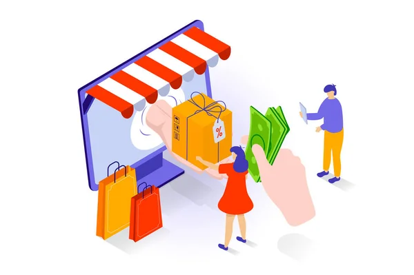 Koncepcja Zakupów Online Projekcie Izometrycznym Osoby Zamawiające Produkty Płacące Pośrednictwem — Wektor stockowy