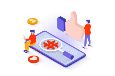 Sosyal medya konsepti 3 boyutlu izometrik tasarım. İnsanlar internet üzerinden iletişim kuruyor, geri bildirim ve beğeni bırakıyor, hashtag gönderilerini arıyor. Web grafiği için izometri sahnesi olan vektör illüstrasyonu