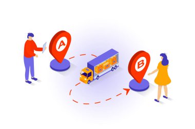 Ulaşım ve lojistik konsepti 3 boyutlu izometrik tasarım. İnsanlar teslimat şirketini kamyon ve takip güzergahı ile gelen kutular için kullanıyorlar. Web grafiği için izometri sahnesi olan vektör illüstrasyonu
