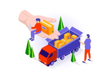 Ulaşım ve lojistik konsepti 3 boyutlu izometrik tasarım. İnsanlar kargo teslimatı ve hızlı sevkiyat için kargo kutularını kamyona yüklüyorlar. Web grafiği için izometri sahnesi olan vektör illüstrasyonu