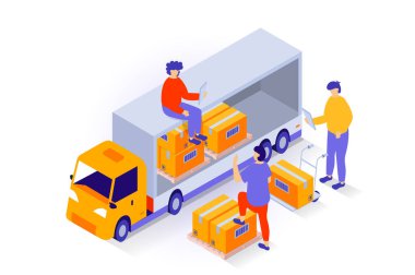 Ulaşım ve lojistik konsepti 3 boyutlu izometrik tasarım. Forkliftlerle kutuları taşıyan ve paketleri kamyonla yükleyen insanlar depoda çalışıyor. Web grafiği için izometri sahnesi olan vektör illüstrasyonu