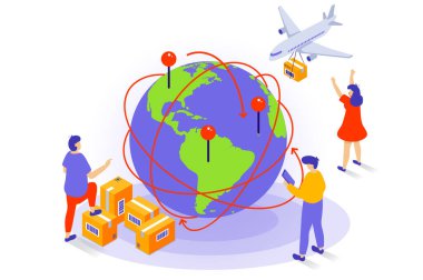 Ulaşım ve lojistik konsepti 3 boyutlu izometrik tasarım. İnsanlar hava taşımacılığı, ihracat ve ithalat hizmetleri ile küresel dağıtım şirketinde çalışıyor. Web grafiği için izometri sahnesi olan vektör illüstrasyonu