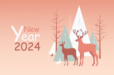 Winter holiday poster template in flat design. Banner layout to New Year and Christmas with abstract seasonal forest trees and firs, standing deer stag and doe, birds and snow. Vector illustration. clipart