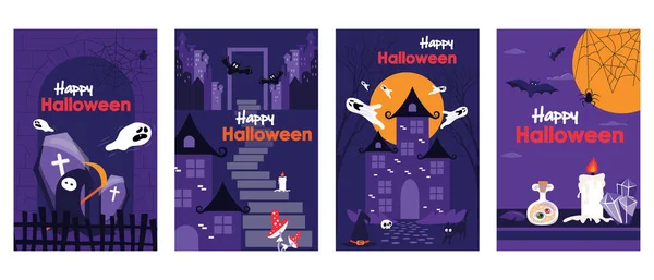 Folheto Capa Feriado Halloween Definido Design Moderno Modelos Cartaz Com — Vetor de Stock
