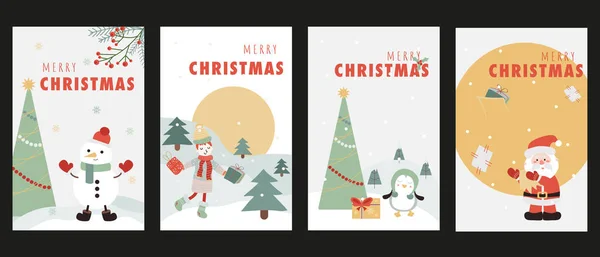 圣诞假期封面设计为时尚平面设计 海报模板上有冷杉树和玩具 女人在森林里带着礼物 圣诞老人带着大包 矢量说明 — 图库矢量图片