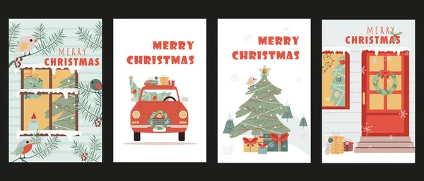 トレンディなフラットデザインのクリスマスの休日のカバーパンフレット 雪の窓に玩具が付いているお祝いの火の木が付いているポスターのテンプレート 枝の鳥 装飾およびギフトが付いているドアおよび車 ベクトルイラスト — ストックベクタ