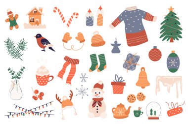 Noel tatili 2024 mega grafik düz tasarım seti. Kardan adam, zencefilli çörek, çoraplar, hediyeler, mumlar, çelenkler, şenlik ağacı ve diğer dekorlar. Resimler izole edilmiş etiketler