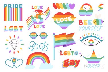 LGBT mega set grafiksel düz tasarım. LGBTQ hareketinin gökkuşağı sembolleri, sevgi ve kalpler, venüs ve mars işaretleri, elmas, kendin ol ve diğerleri. Resimler izole edilmiş etiketler