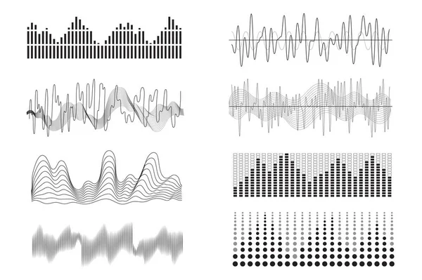 Sound waves mega set in graphic flat design. Bundle elements of curve soundwaves with different frequency, voice and signal waveform, music and audio symbols. Illustration isolated stickers
