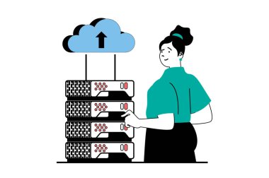 Düz web dizaynında insanların sahne aldığı bulut hesaplama kavramı. Sunucu odasında çalışan ve yöneten bir kadın, donanımı izliyor. Sosyal medya afişi, pazarlama materyali için vektör illüstrasyonu.