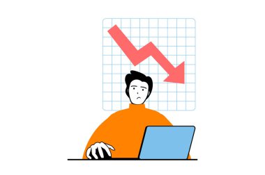 Düz web dizaynında insanların olduğu kriz yönetimi konsepti. Adam risk yatırımı yapıyor ve finansal veri grafiklerinde para kaybediyor. Sosyal medya afişi, pazarlama materyali için vektör illüstrasyonu.