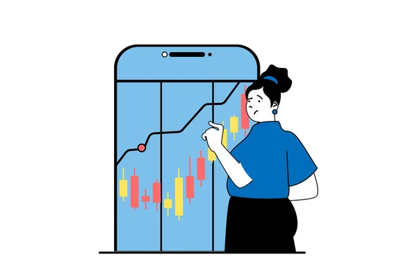 フラットウェブデザインの人々のシーンとの危機管理コンセプト モバイルアプリで転倒した矢印でチャートを監視および分析する女性 ソーシャルメディアバナー マーケティング資料のベクトルイラスト — ストックベクタ