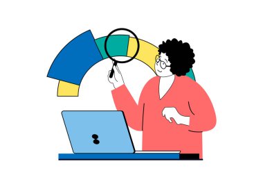 Düz web dizaynında insanların sahne aldığı veri analizi kavramı. Büyüteçle arama performans tablosu hazırlayan ve denetleme raporu hazırlayan bir kadın. Sosyal medya afişi, pazarlama materyali için vektör illüstrasyonu.