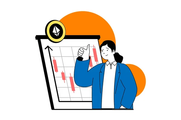 在平面网页设计中 以人为因素的加密货币市场概念 妇女进行加密投资和分析财务数据 社交媒体横幅和营销材料的矢量插图 — 图库矢量图片