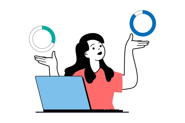 平面网页设计中的人员场景数据分析概念 妇女进行审计和会计 改进企业的财务战略 社交媒体横幅和营销材料的矢量插图 — 图库矢量图片