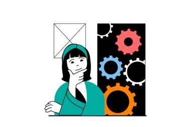 Düz web dizaynında insanların olduğu tasarımcı ajansı konsepti. Beyin fırtınası yapan ve arayüz düzeni için çözümler bulan bir kadın. Sosyal medya afişi, pazarlama materyali için vektör illüstrasyonu.