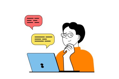 Düz web dizaynında insanların olduğu serbest tasarım. Müşteriyle sohbet eden, görevleri tartışan, online proje üzerinde çalışan bir adam. Sosyal medya afişi, pazarlama materyali için vektör illüstrasyonu.