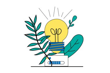 Düz web dizaynında insanların sahne aldığı yeşil enerji kavramı. Alternatif enerji kaynakları ve eko teknolojisi olan verimli ampuller. Sosyal medya afişi, pazarlama materyali için vektör illüstrasyonu.