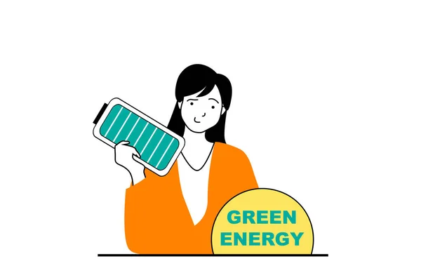 フラットウェブデザインで人々のシーンを持つグリーンエネルギーコンセプト 女性は電力を節約し 資源を節約するために充電バッテリーを使用します ソーシャルメディアバナー マーケティング資料のベクトルイラスト — ストックベクタ