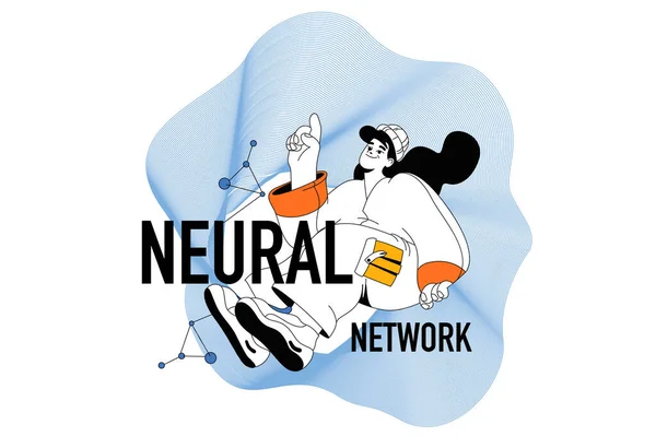 Concept Réseau Neuronal Avec Scène Personnes Dans Conception Ligne Plate — Image vectorielle
