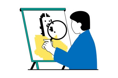 Düz web dizaynında insanların sahne aldığı NFT marka konsept. Sanal müzayedede dijital koleksiyonluk sanat eserlerini arayan bir adam. Sosyal medya afişi, pazarlama materyali için vektör illüstrasyonu.