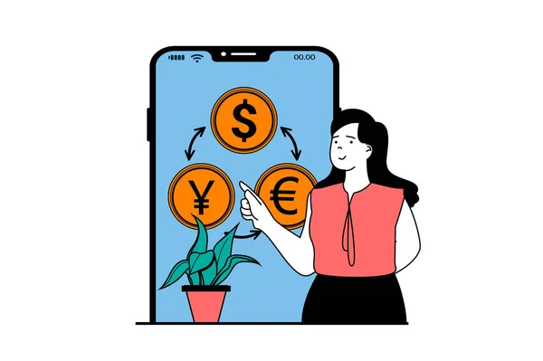 Mobilna Koncepcja Bankowości Ludźmi Sceny Płaskim Projektowania Stron Internetowych Kobieta — Wektor stockowy