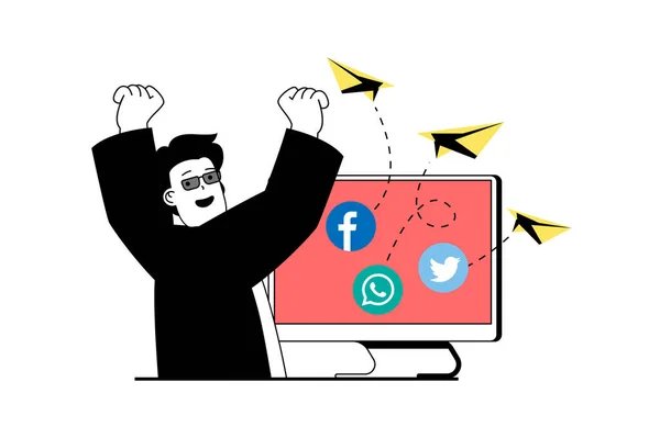 Social Media Marketingkonzept Mit People Szene Flachen Webdesign Man Verschickt — Stockvektor