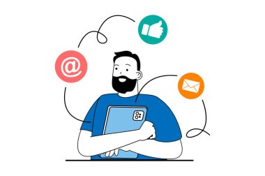 Düz web dizaynında insanların olduğu sosyal medya kavramı. E-posta gönderen ve alan adam, blog profillerini takip eden yazıları seviyor. Sosyal medya afişi, pazarlama materyali için vektör illüstrasyonu.