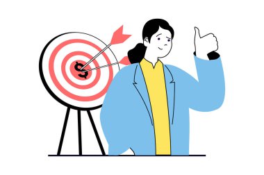 Düz web dizaynında insanlarla yeni bir iş kurma konsepti. Finansal hedefler belirleyen, proje stratejisi geliştiren bir kadın. Sosyal medya afişi, pazarlama materyali için vektör illüstrasyonu.