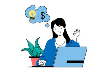 Düz web dizaynında insanlarla yeni bir iş kurma konsepti. Kadın yeni bir şirket yaratıp kuruyor, beyin fırtınası yapıyor ve gelişiyor. Sosyal medya afişi, pazarlama materyali için vektör illüstrasyonu.