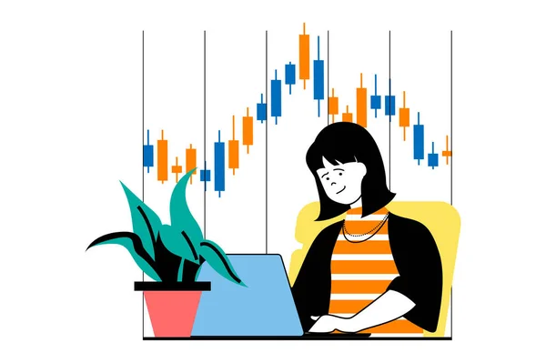 股票交易概念与人的场景在平面网页设计中 妇女分析和监测财务数据图表并赚钱 社交媒体横幅和营销材料的矢量插图 — 图库矢量图片