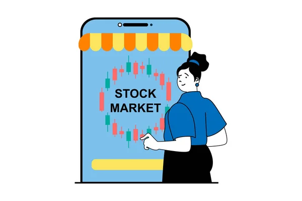 股票交易概念与人的场景在平面网页设计中 在移动应用中投资 分析图表和赚钱的女人 社交媒体横幅和营销材料的矢量插图 — 图库矢量图片