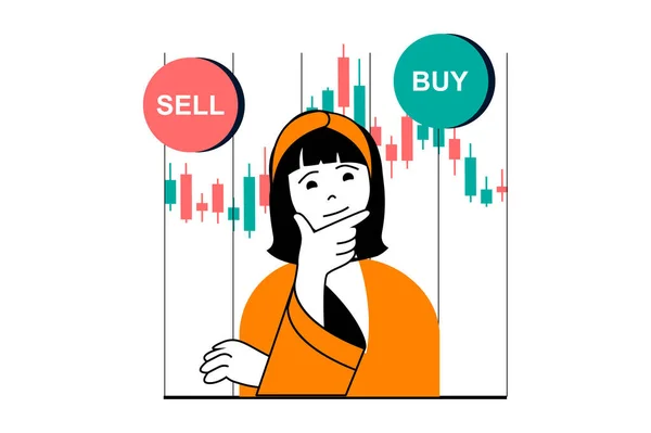 股票交易概念与人的场景在平面网页设计中 妇女在交易所市场上思考和计划出售或购买股票 社交媒体横幅和营销材料的矢量插图 — 图库矢量图片