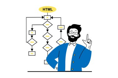Düz dizaynlı insanların olduğu web geliştirme konsepti. Algoritma sistemiyle programlama projesinde çalışan ve strateji kullanan bir adam. Sosyal medya afişi, pazarlama materyali için vektör illüstrasyonu.