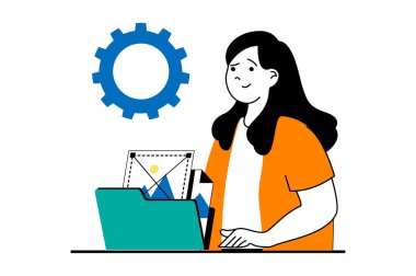 Düz dizaynlı insanların olduğu web geliştirme konsepti. Kadın arayüz şablonları yaratıyor ve ev sayfası ui düzeni oluşturuyor. Sosyal medya afişi, pazarlama materyali için vektör illüstrasyonu.