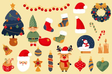 Noel mega set elementleri düz tasarımda. Noel ağacı, çelenk, dekor, çorap, Noel Baba, çelenk, şeker, mum, elf, hediye paketi, diğerleri. Vektör illüstrasyonu izole edilmiş grafik nesneler