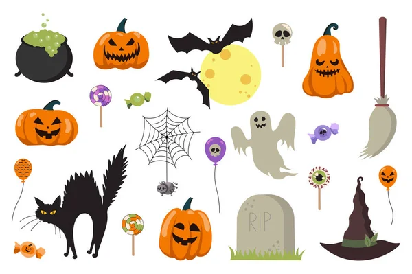 Éléments Méga Ensemble Halloween Dans Design Plat Bouquet Chaudron Sorcier — Image vectorielle