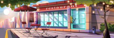 Düz çizgi film dizaynında restoran cephesi afişi. Sokak kafeteryasının dış posterinde masa, terasta sandalyeler, menü, vitrin ve giriş, ağaçlarda çelenkler. Vektör illüstrasyonu