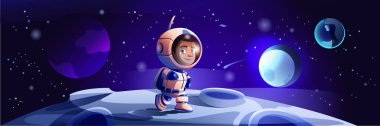 Düz çizgi film tasarımında uzay arkaplan afişinde astronot. Kozmos fantezi posteri, uzay elbisesi içinde, kozmik gezegen yüzeyinde ay kraterleriyle yürüyen sevimli bir uzay adamı. Vektör illüstrasyonu