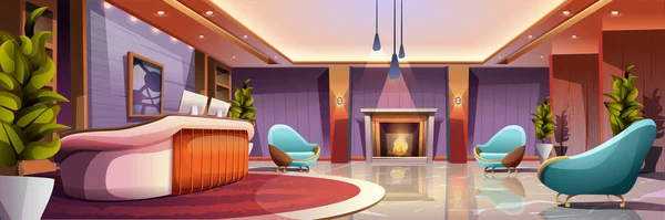 Recepce Hotel Pozadí Banner Ploché Kreslené Design Luxusní Lobby Interiérový — Stockový vektor