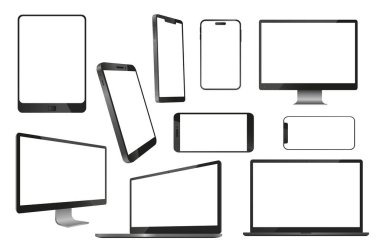 Cihazlar ve cihazlar 3 boyutlu gerçekçi tasarım için mega set. Tabletlerin elemanları, akıllı telefonlar, bilgisayarlar, televizyonlar, boş beyaz ekranlı dizüstü bilgisayarlar. Vektör illüstrasyonu izole edilmiş grafik nesneler