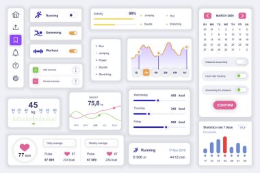 Fitness mobil uygulaması için kullanıcı arayüzü ögeleri ayarlandı. Kit şablonu HUD şemaları, koşma, yüzme, egzersiz bilgileri, eğitim izleme çizelgeleri. Bir paket UI, UX, GUI ekranları. Vektör bileşenleri.