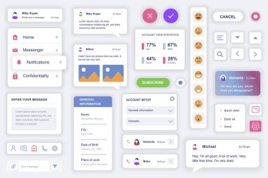 Kurye mobil uygulaması için kullanıcı arayüzü ögeleri ayarlandı. Kit şablonu HUD diyagramları, navigasyon düğmeleri, sohbet mesajları, emoticonlar, profil istatistikleri. Bir paket UI, UX, GUI ekranları. Vektör bileşenleri.