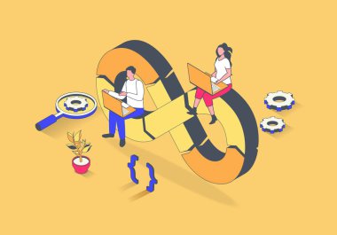 DevOps konsepti 3 boyutlu izometrik tasarım. Müdür, geliştirme işlemleri, programcı ve mühendis ekiplerinin yönetimini yürütüyor. Web grafiği için izometri insanlarıyla vektör illüstrasyonu