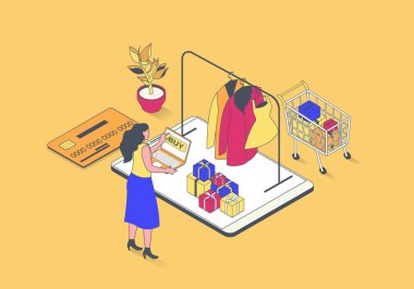 E-ticaret konsepti 3 boyutlu izometrik tasarım. İnternetten alışveriş yapan ve eve teslimatla internet mağazasından yeni mallar sipariş eden bir kadın. Web grafiği için izometri insanlarıyla vektör illüstrasyonu