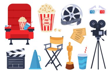 Çizgi film dizaynında sinema mega seti. Kırmızı sandalye, patlamış mısır bardağı, 3D bardaklar, film bantlı makaralar, video kamera, el çırpma tahtası ve diğerleri. Vektör illüstrasyonu izole edilmiş grafik nesneler