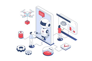 3 boyutlu izometrik tasarımda yapay zeka kavramı. Ai robotlarıyla çalışan mühendisler, makine öğrenme ve dijital beyin programlama. Web grafiği için izometri insanlarıyla görüntü.