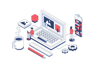 3D izometrik dizayn web tasarımı konsepti. Tasarımcı takımı dijital içerik ve site elemanları yaratıyor, ana sayfaları hazırlıyor ve ayarlıyor. Web grafiği için izometri insanlarıyla görüntü.
