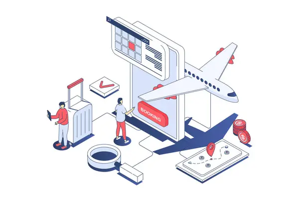 Booking flight concept in 3d isometric design. Travellers planning trips, choosing tour destination, ordering and buying plane tickets. Illustration with isometry people scene for web graphic.