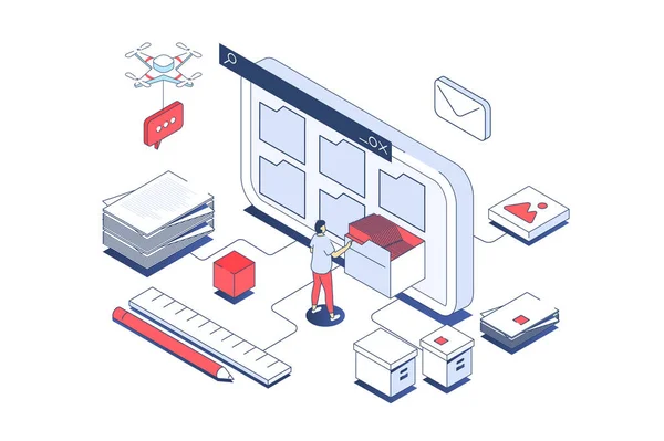 Electronic organization files concept in 3d isometric design. Man organizing files in folders on screen, share and downloading documents. Illustration with isometry people scene for web graphic.